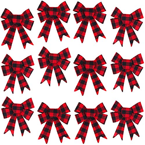 Iconikal 5-Loop Flannel Bows, Red Buffalo Plaid, 5 x 7-Inch, 12-Pack