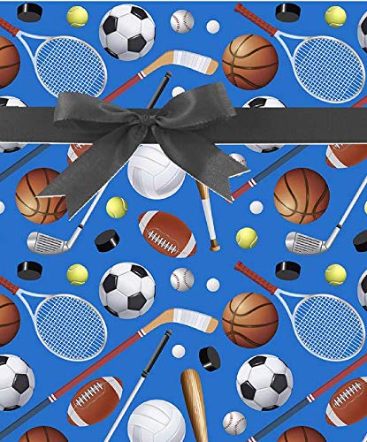 CakeSupplyShop Sports Talk Baseball Soccer Tennis hockey Gift Wrap Wrapping Paper 12foot Folded with Gift Labels