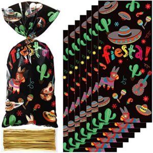 100 pcs mexican candy bags fiesta cellophane treat bags, cinco de mayo treat bag fiesta goodie party favor bag with 100 gold twist ties for fiesta mexico party decoration supplies (black)