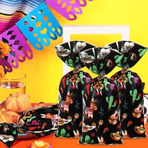 100 Pcs Mexican Candy Bags Fiesta Cellophane Treat Bags, Cinco De Mayo Treat Bag Fiesta Goodie Party Favor Bag with 100 Gold Twist Ties for Fiesta Mexico Party Decoration Supplies (Black)