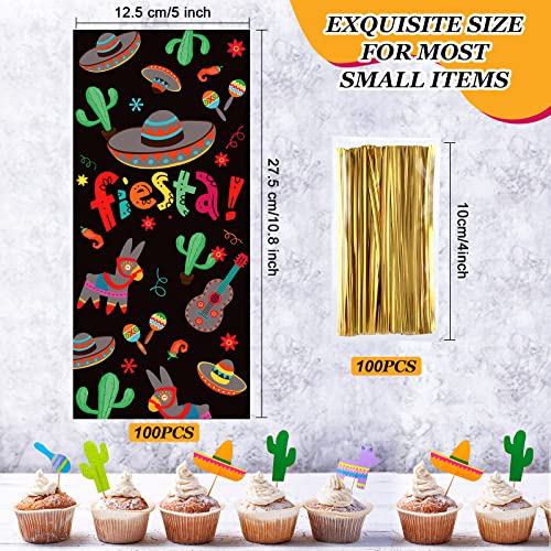 100 Pcs Mexican Candy Bags Fiesta Cellophane Treat Bags, Cinco De Mayo Treat Bag Fiesta Goodie Party Favor Bag with 100 Gold Twist Ties for Fiesta Mexico Party Decoration Supplies (Black)