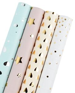 wrapaholic wrapping paper roll – polka dots/stars/hearts (2 kinds) design for birthday, mother day, valentine’s day, wedding, baby shower – 4 rolls – 30 inch x 120 inch per roll