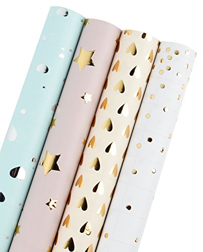 WRAPAHOLIC Wrapping Paper Roll - Polka Dots/Stars/Hearts (2 Kinds) Design for Birthday, Mother Day, Valentine's Day, Wedding, Baby Shower - 4 Rolls - 30 inch X 120 inch Per Roll