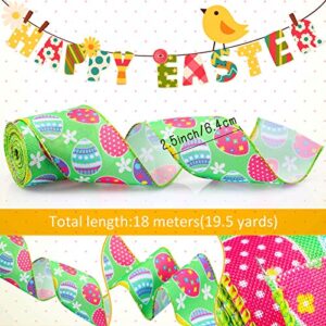 3 Rolls 2.5 Inch Easter Wired Edge Ribbon Easter Eggs Printed Ribbon Bunny Carrots Truck Ribbon Easter Plaid Burlap Ribbon for Easter Wreath Decoration Wrapping Floral Bows, Totally 19.5 Yards