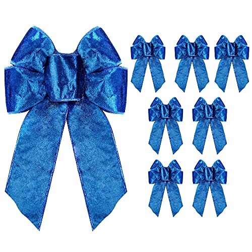 Lulu Home Holiday Small Bows, 10" x 7" Blue Velvet Bow Knots, Wired Edge Decorative Bows for Gift Wrapping DIY Crafts Supplies, 8 Packs