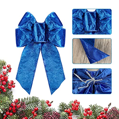 Lulu Home Holiday Small Bows, 10" x 7" Blue Velvet Bow Knots, Wired Edge Decorative Bows for Gift Wrapping DIY Crafts Supplies, 8 Packs