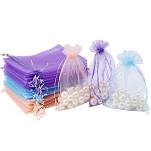 hrx package 150pcs organza gift bags, 4 x 6 inch mesh drawstring bags jewelry pouches for wedding birthday baby shower party favor (peach baby blue purple)