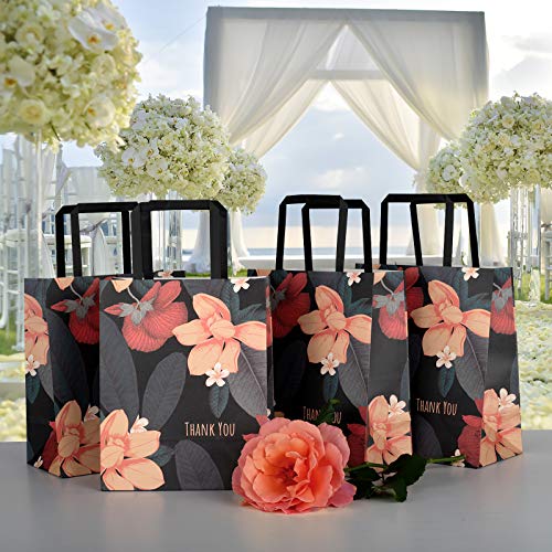 Homeadow Bags - 50 Pcs Thank You Gift Bags, Medium (10"x8"), Paper Shopping Bags For Boutique, Bulk Kraft Paper Bags with Handles, Wedding Favor, Retail Shopping Goody Bags – Black With Tropical Flowers