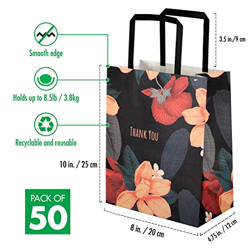 Homeadow Bags - 50 Pcs Thank You Gift Bags, Medium (10"x8"), Paper Shopping Bags For Boutique, Bulk Kraft Paper Bags with Handles, Wedding Favor, Retail Shopping Goody Bags – Black With Tropical Flowers