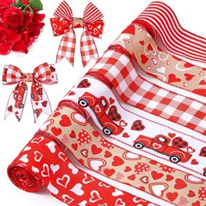 6 rolls 30 yards valentine’s day ribbons 2.5 inches hearts love red wired edge ribbon plaid truck burlap ribbons gift wrapping ribbon fabric ribbon for diy craft wedding party wreath bows decoration