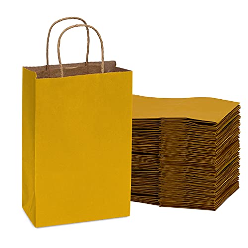 Yellow Gift Bags - 6x3x9 Inch 50 Pack Mustard Kraft Paper Shopping Bags with Handles, Small Craft Totes in Bulk for Boutiques, Small Business, Retail Stores, Birthday Parties, Jewelry, Merchandise, Bulk