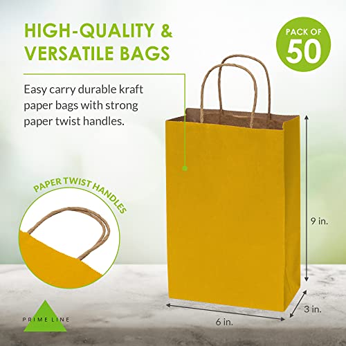 Yellow Gift Bags - 6x3x9 Inch 50 Pack Mustard Kraft Paper Shopping Bags with Handles, Small Craft Totes in Bulk for Boutiques, Small Business, Retail Stores, Birthday Parties, Jewelry, Merchandise, Bulk