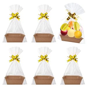 valentine’s day baskets for gifts empty, 12 pcs sturdy diy kraft market tray cardboard basket to fill bulk with 12 clear plastic bags, 12 pcs gold bows for valentine’s day,easter, birthday,wedding