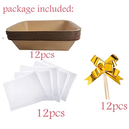 Valentine's Day Baskets For Gifts Empty, 12 PCS Sturdy Diy Kraft Market Tray Cardboard Basket To Fill Bulk with 12 clear plastic bags, 12 PCS gold bows for Valentine's Day,Easter, Birthday,Wedding