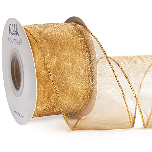 Ribbli Gold Organza Wired Ribbon, Old Gold Sheer Ribbon with Metallic Edge,2-1/2 Inch x 20 Yards Christmas Tree Ribbon for Decoration, Wired Ribbon for Large Gift Wrapping,Wedding Decoration.