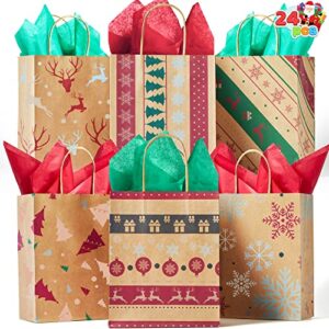 joyin 24 christmas holiday kraft gift bags for school classrooms exchange party favors goody bags, xmas holiday gift goodie bags 7 ¼” x 9″ x 3 ½”