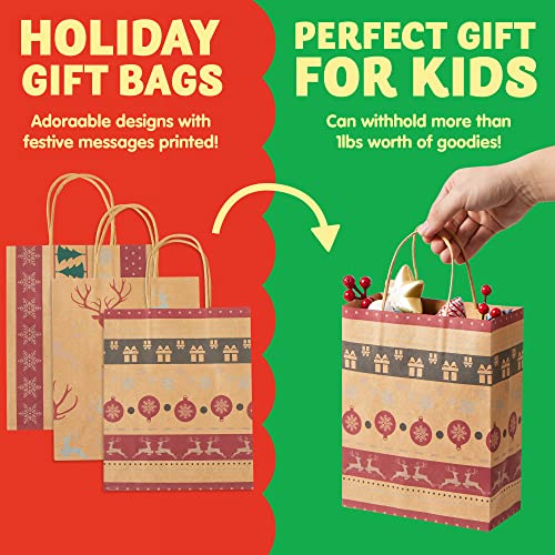 JOYIN 24 Christmas Holiday Kraft Gift Bags for School Classrooms Exchange Party Favors Goody Bags, Xmas Holiday Gift Goodie Bags 7 ¼" x 9" x 3 ½"