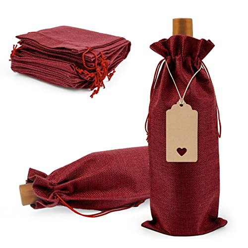 Burlap Wine Bags for Wine Bottles Gifts - 12Pcs Burlap Wine Gift Bags with Drawstrings, Tags & Ropes, Reusable Bottle Gifts Bag for Wedding, Christmas, Wine Party, Travel, Home Storage