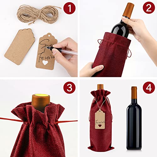 Burlap Wine Bags for Wine Bottles Gifts - 12Pcs Burlap Wine Gift Bags with Drawstrings, Tags & Ropes, Reusable Bottle Gifts Bag for Wedding, Christmas, Wine Party, Travel, Home Storage