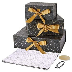 ZEEKING All In One Complete Gift Giving Experience Set, Luxury Gift Boxes (Set of 3, Assorted Sizes) + Tissue Paper + Gift Tags For Birthdays, Valentine's Day, Christmas, Weddings (Midnight Gold)