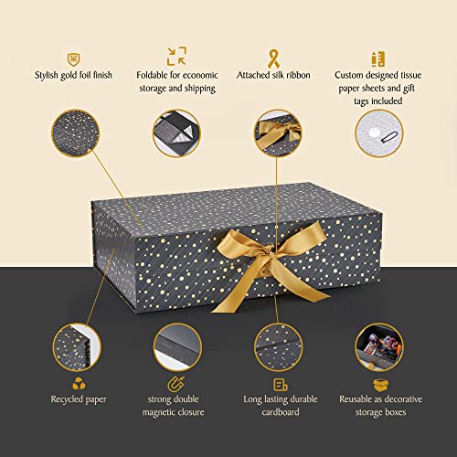 ZEEKING All In One Complete Gift Giving Experience Set, Luxury Gift Boxes (Set of 3, Assorted Sizes) + Tissue Paper + Gift Tags For Birthdays, Valentine's Day, Christmas, Weddings (Midnight Gold)