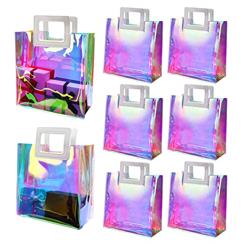 Zwish 6pcs Holographic Reusable Gift Bags Medium Size Clear Bags for Women 8.5x8.1x4.1 Inchs Clear Gift Bags for Party, Wedding, Birthday, Christmas, Festival, Travel, Shopping Gift bags with Handles