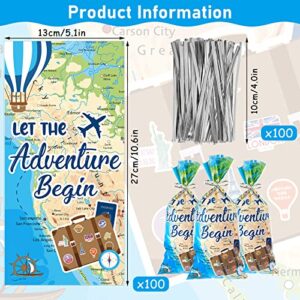 100 Pcs Adventure Awaits Party Decorations Travel Party Cellophane Bag Cello Goodie Candy Favor Bags with 100 Pcs Twist Ties, Retirement Awaits Party Supplies Decorations Gift Wrapping