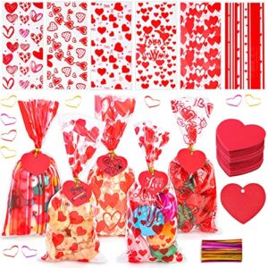shynek 180 Pcs Valentine Cellophane Bags Red Gift Bags Candy Treat Bag Clear Goodie Bags with Twist Ties and Heart Gift Tags Cards for Valentine's Day Craft Wrapping Party Favor Supplies