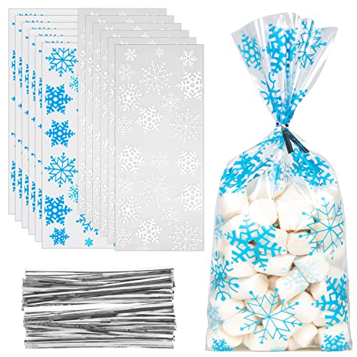 Labeol 200pcs Cellophane Bags 5X11 Christmas Treat Bags with Ties Goodie Bags Clear Gift Bags for Candy Cookie Party Favor Winter Wonderland Birthday Baby Shower Blue White Snowflake