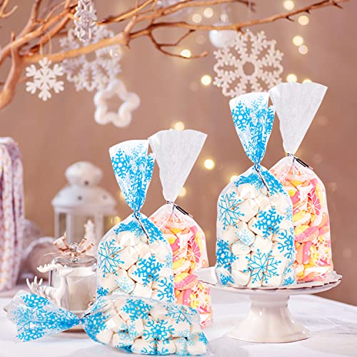 Labeol 200pcs Cellophane Bags 5X11 Christmas Treat Bags with Ties Goodie Bags Clear Gift Bags for Candy Cookie Party Favor Winter Wonderland Birthday Baby Shower Blue White Snowflake