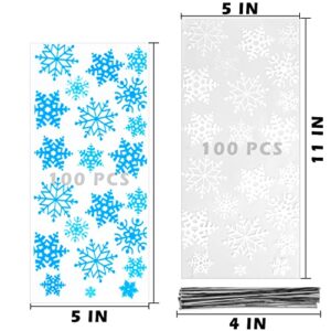 Labeol 200pcs Cellophane Bags 5X11 Christmas Treat Bags with Ties Goodie Bags Clear Gift Bags for Candy Cookie Party Favor Winter Wonderland Birthday Baby Shower Blue White Snowflake