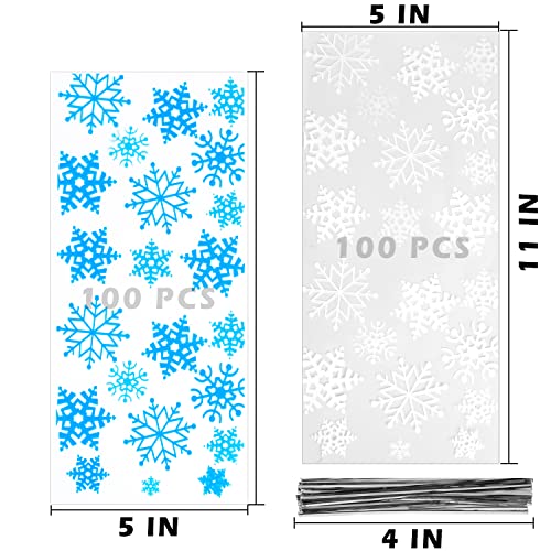 Labeol 200pcs Cellophane Bags 5X11 Christmas Treat Bags with Ties Goodie Bags Clear Gift Bags for Candy Cookie Party Favor Winter Wonderland Birthday Baby Shower Blue White Snowflake