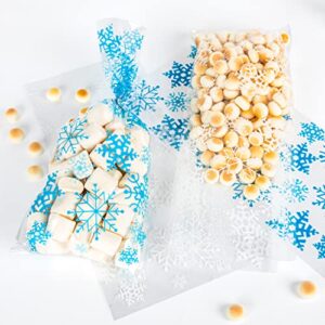 Labeol 200pcs Cellophane Bags 5X11 Christmas Treat Bags with Ties Goodie Bags Clear Gift Bags for Candy Cookie Party Favor Winter Wonderland Birthday Baby Shower Blue White Snowflake