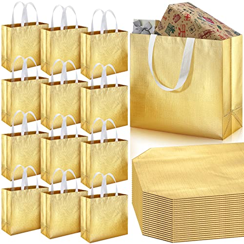 64 Packs Gold Reusable Grocery Bags Shopping Tote Bag with Handle Glossy Wedding Gift Bag Large Gift Bags Non Woven Gift Wrap Bags Present Bag for Wedding Birthday Party, 12.7 x 11.1 x 4.7 Inch