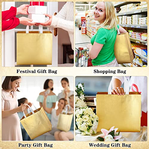 64 Packs Gold Reusable Grocery Bags Shopping Tote Bag with Handle Glossy Wedding Gift Bag Large Gift Bags Non Woven Gift Wrap Bags Present Bag for Wedding Birthday Party, 12.7 x 11.1 x 4.7 Inch