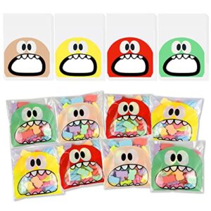 200pcs self adhesive cookie candy bags big mouth monster bakery decorating bags treat bag chocolate gift bags for kids party favor candies and desserts (3.94 x 3.94 in)