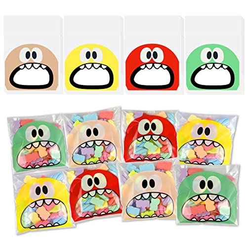 200Pcs Self Adhesive Cookie Candy Bags Big Mouth Monster Bakery Decorating Bags Treat Bag Chocolate Gift Bags for Kids Party Favor Candies and Desserts (3.94 x 3.94 In)