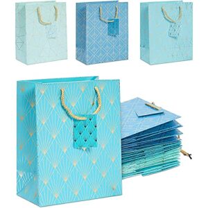 blue & gold foil gift bags with handles, 4 designs for baby shower, wedding (15 pack)