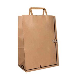 [100 pcs. 8 x 4.5 x 10.5]- kraft paper gift bags bulk with flat handles. ideal for shopping, packaging, retail, party, craft, gifts, wedding, recycled, business, goody and merchandise bag (brown)