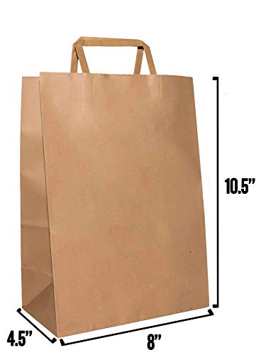 [100 Pcs. 8 X 4.5 X 10.5]- Kraft Paper Gift Bags Bulk with Flat Handles. Ideal for Shopping, Packaging, Retail, Party, Craft, Gifts, Wedding, Recycled, Business, Goody and Merchandise Bag (Brown)