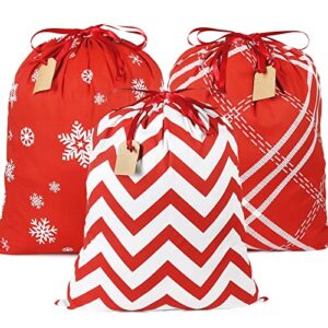 advantez cotton drawstrings gift bags, 3pcs reusable gift bags, xmas present bags fabric cloth sacks for christmas thanksgiving party stocking storage(large size)