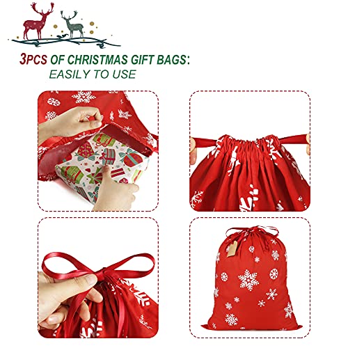 Advantez Cotton Drawstrings Gift Bags, 3Pcs Reusable Gift Bags, Xmas Present Bags Fabric Cloth Sacks for Christmas Thanksgiving Party Stocking Storage(Large Size)