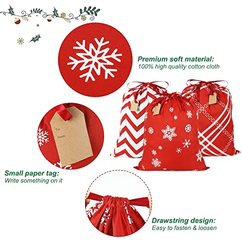Advantez Cotton Drawstrings Gift Bags, 3Pcs Reusable Gift Bags, Xmas Present Bags Fabric Cloth Sacks for Christmas Thanksgiving Party Stocking Storage(Large Size)