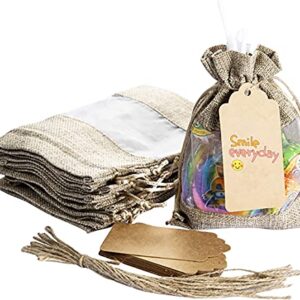 KUPOO 20PCS 3.5x5.5 Inches Clear Window Small Linen Burlap Sheer Organza Gift Bag for Wedding Party Favors Cosmetic Samples Goodies Mesh Pouch (Natural)