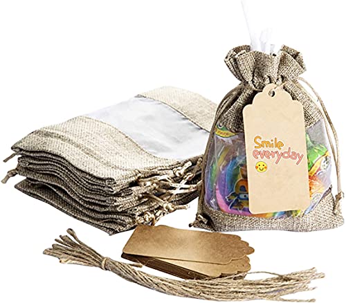 KUPOO 20PCS 3.5x5.5 Inches Clear Window Small Linen Burlap Sheer Organza Gift Bag for Wedding Party Favors Cosmetic Samples Goodies Mesh Pouch (Natural)