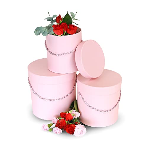 UNIKPACKAGING Premium Quality Round Flower Box, Gift Boxes for Luxury Flower and Gift Arrangements, Set of 3 pcs (Pink)