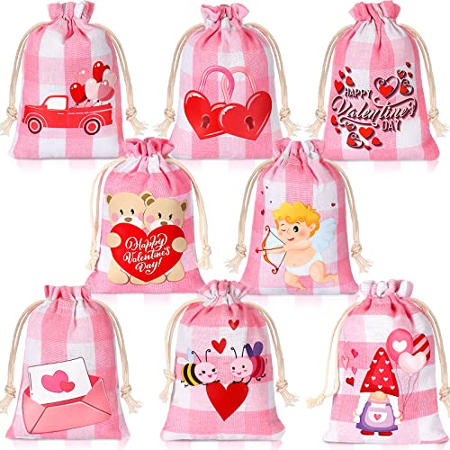 24 Pcs Valentine's Day Burlap Gift Bags Buffalo Plaid Drawstring Bags Reusable Burlap Sachet Bags Empty Pink White Buffalo Plaid Party Supplies Gift Wrap Bags Burlap Favor Bags for Wedding Shower DIY