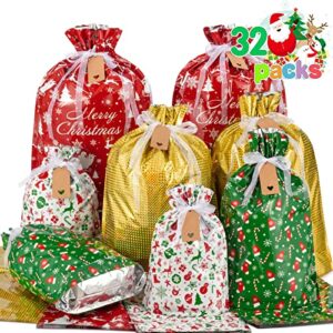 christmas drawstring gift bags with tags – 32 pcs stand up thanksgiving gift bags assorted sizes large medium small foil gift wrapping for birthday, goodies, xmas holiday party decorations supplies
