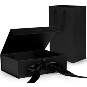 SDALU Gift Box with Ribbon10.4 x 7.5 x 3.1Inches, Black Gift Box with Magnetic Lid, Collapsible Gift Box, Paper Bags and Paper filler, Luxury Presents Box for Wedding Christmas Gifts Birthdays