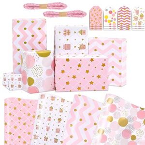 jatidne 12 sheets gift wrapping paper birthday with tags and string flat pink gift wrap for birthdays, graduations